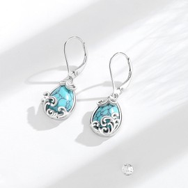 EUDORA Harmony Ball S925 Sterling Silver Turquoise Earrings for Women, Filigree Teardrop Leverback Earrings Turquoise Dangle Earrings for Mama Wife