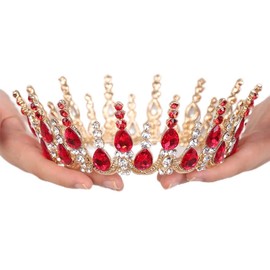 wekicici Red Round Crystal Tiaras Queen Crowns for Women Girls Princess Tiara with Rhinestone Wedding Crown for Prom Bridal Festival Party Christmas Gifts (Red)