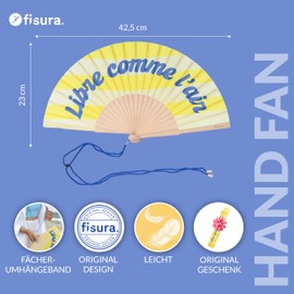 Fisura Libre Comme l'air Wooden Fan Stylish Modern Yellow Stripe Design Portable Handheld Fan with Handy Hanger Dimensions: 42.5 x 23 cm