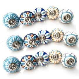 Handmade Art Drawn Multicolor Knobs with Screw - Furniture Decoration Handle Accessories Ceramic Knobs for Cabinet Drawer Dresser Wardrobe Flower Cabinet (16 Pieces, Blue)