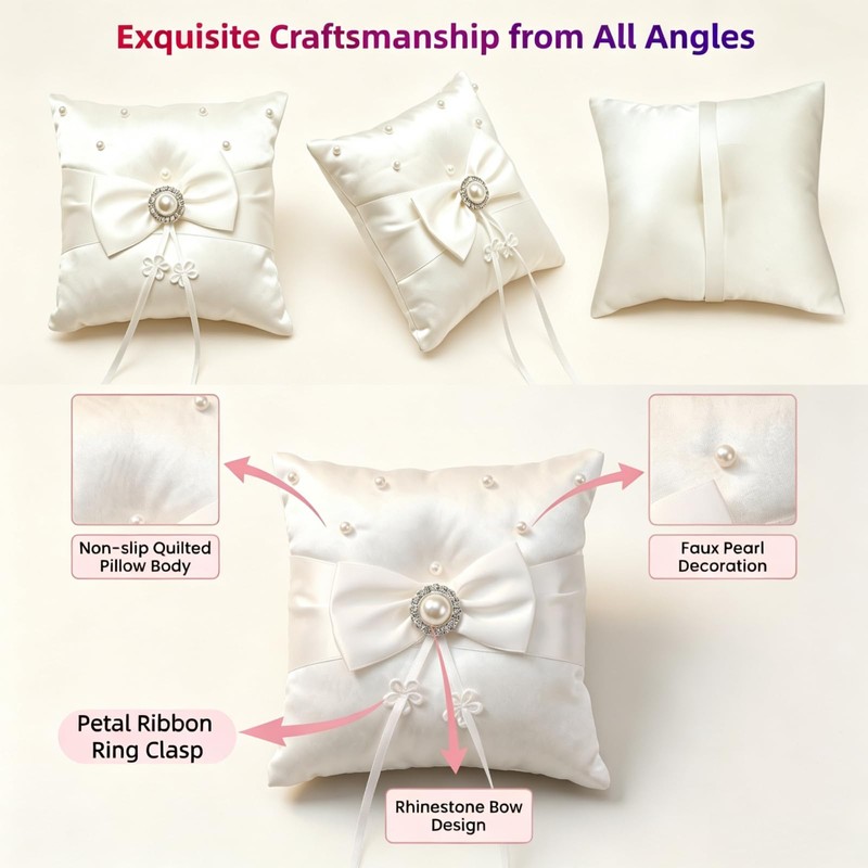 2PC Admireshun Ivory Satin Bow Ring Bearer Pillows, 5.9 Inch