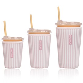 Reusable Insulated Neoprene Iced Coffee Cup Sleeve, Durable Drink Sleeve for Cold Beverages, Beverage Holder for Iced Coffee, Pink Stripes