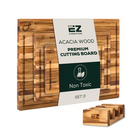 EZ FURNITURE 3-Piece Acacia Wood Premium Cutting Board Set, Pre-Oiled Edge Grain with Juice Groove & Handles, Non-Slip Feet, Suitable for Meat & Vegetables, Non-Toxic