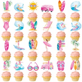 48Pcs Vintage Surfing Surfboard Cupcake Toppers Summer Surfing Birthday Party Decorations for Girls Pink Surfer Surf Van Surfboard Theme Cupcake Toppers for Summer Hawaii Surf Party Supplies