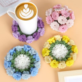 LOMOHOO Crochet Kit for Beginners, 4PCS Crochet Coasters Kit, Flower Potted Crochet Starter Kits with Instruction, Knitting Craft Lover DIY Supplies, Crochet Flower Coasters Indoor Home Decor (Pink+Purple+Yellow+Blue)