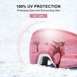 CARFIA OTG Ski Goggles for Womens Girls with Small Face, Pink Magnetic 100% UV Protection Snowboard Goggles Anti-Fog, Anti-Glare Ski Goggles (Pink Lense)