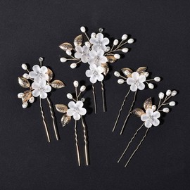 Jascatin Bridal Pins Bridal Hair Flower Pieces Bridal Hair Accessories Bridal Pearl Bridal Hair Clips for Women and Girls Pack of 5 (Gold)