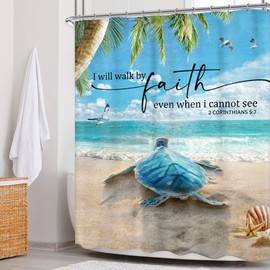 Newsely Beach Turtle Bible Verse Shower Curtain 60Wx72H Inch Rustic Blue Ocean Sea Turtle Animal Summer Coastal Scenery Bathroom Set Summer Scene Waterproof Bath Decoration Accessories Home Decor
