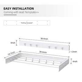 Drying Rack Clothing,Clothes Drying Rack Wall Mounted,Laundry Drying Rack Wall Mount,Foldable,Collapsible,60 lb Capacity 5 Aluminium Poles with 12 Hooks,Space Saving Clothes Drying Rack,White 40"