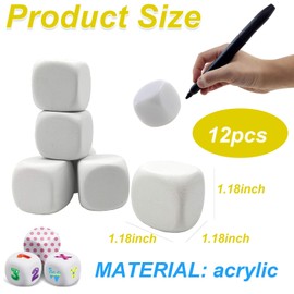MFCGHXR 12PCS Set of 30mm Acrylic Dice Blank White Dice Cubes Create Your Own Fun - for Board Games, DIY Sticker Projects, Math Teaching, and Party Entertainment Let Your Imagination Roll!