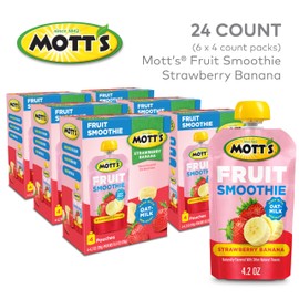 Mott’s Fruit Smoothies Strawberry Banana, 4.2 oz Clear Pouches, 24 Count (6 Packs of 4), Non-dairy, Made With Oatmilk, Made With Real Fruit, Good Source of Calcium, On-the-Go