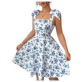 Floerns Women's Floral Tie Shoulder A Line Dress Sleeveless Vacation Summer Bohemian Dress Blue Medium