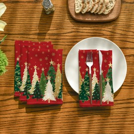 Horaldaily Christmas Cloth Napkins 18 x 18 Inch, Xmas Tree Pine Tree Stars Red Napkin, Holiday Party Dinner Decoration Washable Napkins Set of 4