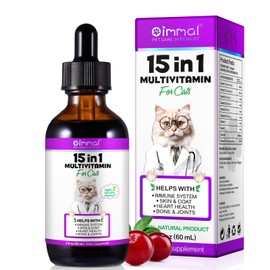 Datival Cat Multivitamin, 15 in 1 Cat Multivitamin Liquid Drops, Cats Vitamins and Supplements with Glucosamine and Probiotics, Bones, Joint, Skin & Coat, Bladder, Immune System Support, 60ML