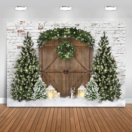 Mocsicka Christmas Wood House Photography Backdrop Xmas Tree Snow Wreath Photo Background Rustic Barn Door Family Kids Holiday Portrait Photo Booth Props (8x6ft)