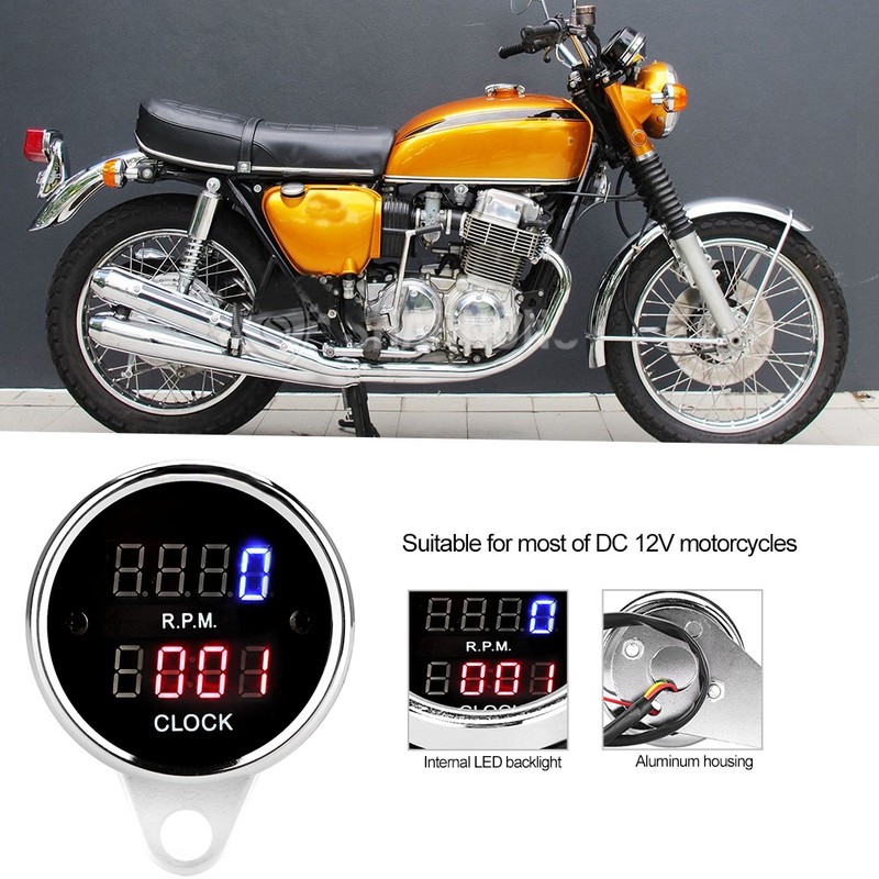 DC 12V Universal Motorcycle Tachometer Time Clock Gauge LED Digital