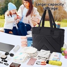 ZIORS Diaper Bag Tote for Mommy Large Capacity Diaper Organizer Tote Multi-compartment Puffer Bag,Quilted Handbag for Work,Travel, Hospital,Lightweight,Black