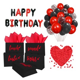 5 Senses Gift Bags Five Senses Birthday Party Decorations with Tissue Paper, Rose Petals and Happy Birthday Banner Balloons Five Senses Gift for Him Husband Boyfriend (Red black)