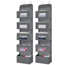 MAX Houser 5-Shelf Over The Door Hanging Organizer with 2 Metal Hooks，5 Pocket Over The Door Wall Mount Storage with Clear Windows for Baby Nursery Bathroom Closet,Bedroom,Dorm (Gray-2 Pack)