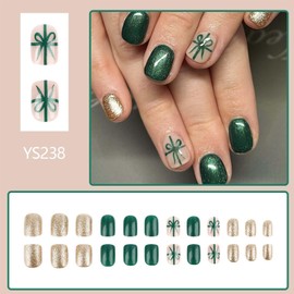 Short Square Press on Nails Christmas Fake Nails Glitter with Present Design Green False Nails Xmas Acrylic Nails Full Cover Artificial Nails Glossy Winter Glue on Nails Stick on Nails for Women 24Pcs