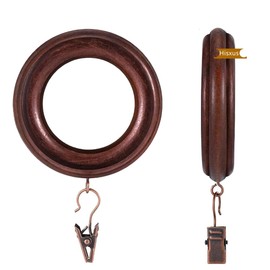 20 Pack Wooden Drapery Curtain Rod Rings with Clips 3 Inch Outer Diameter Natural Farmhouse Beech Wood Carved Drapes Rings 1.8 Inch Interior Diameter for 1-1.5 Inch Curtain Rod Pole (Retro Brown)