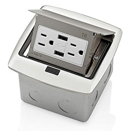 Leviton PFUS1-BN Pop-Up Floor Box with Dual Type A, 3.6 USB Charger, 15 Amp Outlet, Brushed Nickel