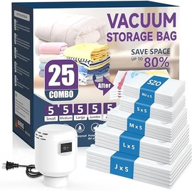 SZO 25 Pack Vacuum Storage Bags With Electric Air Pump,(5 Jumbo/5 Large/5 Medium/5 Small/5 Roll Up Bags) Vacuum Seal bags For Clothing, Space Saver Bags For Luggage, Blankets, Bedding, Moving