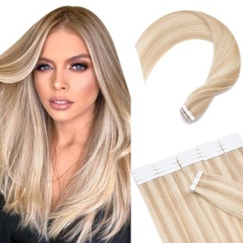 SEGOHAIR Tape in Hair Extensions Human Hair 20pcs Extensions,100% Real Remy HairPieces 14" Natural Invisible Straight with 10pcs of Hair Extension Tapes-Dark Blonde with Bleach Blonde