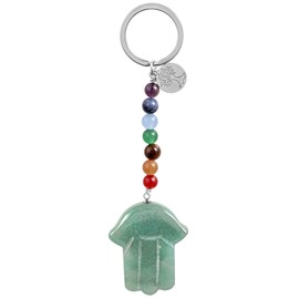 KYEYGWO Crystal Hamsa Hand of Fatima Key Ring with Tree of Life Pendant, 7 Chakra Stone Key Ring, Healing Stone, Hand Plate, Bag Pendant, Talisman Lanyard, Green