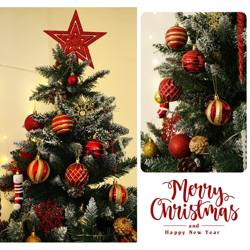 145PCS Christmas Baubles Ornaments Set, Red and Gold Christmas Decorations