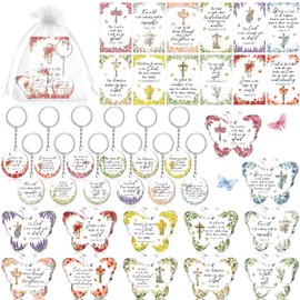 Feifeiya 48 Pcs Christian Gift Set Include 12 Christian Acrylic Butterfly Gifts 12 Floral Bible Key Chains 12 Christian Verse Cards 12 Organza Bags Bible Christian Gifts for Women Religious Party Gift