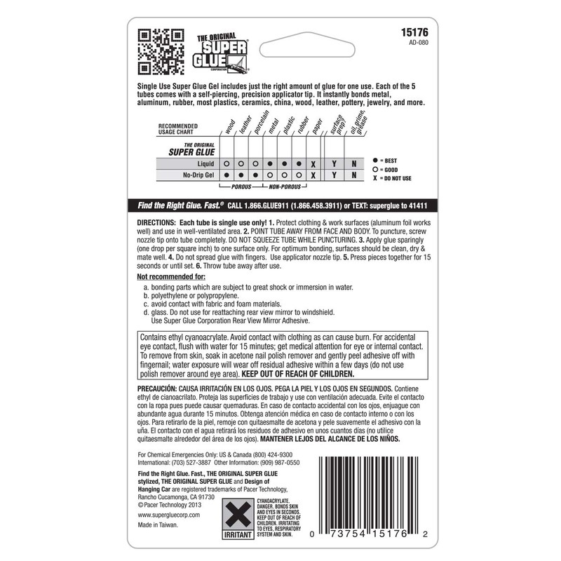 Super Glue Gel, 5 Mini Single-Use Tubes, Clear, Instant Bonding,