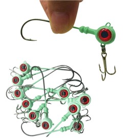 DAMIDEL 10pcs Luminous Jig Heads Hook with 3D Redfish Eye，Double Hook Design, Long Hook Body，（2/5oz， 1/4oz，1/5oz）, Sharp/Sturdy/widely Used