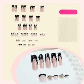 48Pcs Black French Tips Press on Nails Rhinestone Press on Toenails Long Square Fake Nails with Black Bow Charm Design 3D Butterfly False Toenails Glossy Summer False Nails for Women DIY Manicure