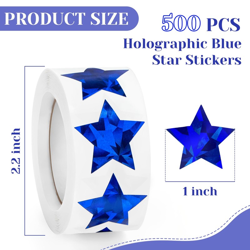 500 PCS Holographic Blue Star Stickers, 1 inch Self Adhesive