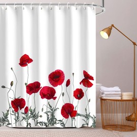 LIVILAN Poppy Shower Curtain Red Shower Curtains for Bathroom Floral Shower Curtain Red Flower Fabric Bathroom Curtain Home Decoration Set with Hooks Decorative Machine Washable, 72" W x 72" H