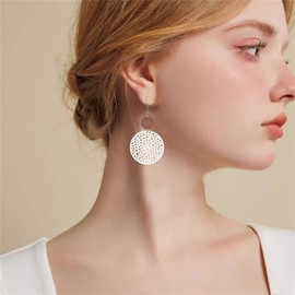 coadipress Vintage Geometric Round Earrings Wooden Earrings Handmade Natural Wooden Hollow Out Circle Earrings Bohemian Lightweight Statement Western Earrings for Women (White)