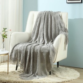 CREVENT Knitted Decorative Throw Blanket for Couch Sofa Chair Bed，Soft Warm Cozy Light Weight for Spring Summer (127x152cm Light Grey)