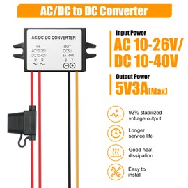 YABOANG AC Power Converter from AC 10-26V/DC10-40V to DC 5V Voltage, Converter with Fuse AC 12/24V and DC 24/36V to DC 5V 3A 15W MAX, AC Step Down Transformer, Waterproof Step Down Voltage Regulator