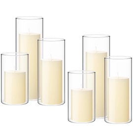Shihanee Set of 6 Pillar Candles with Glass Cylinder Vases Clear Cylinder Hurricane Candleholders for Slim Tall Pillar Candles Wedding Table Centerpieces(2.6'' X 4.7'', 5.9'', 7.9'',Ivory)