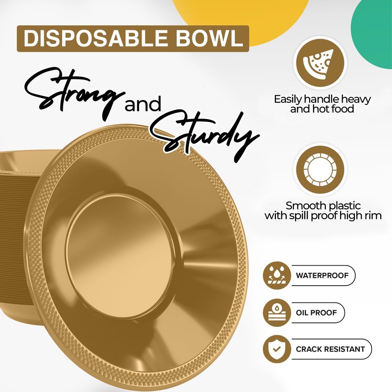 Gold 12 Oz Plastic Bowls Disposable Party Bowls - Gold