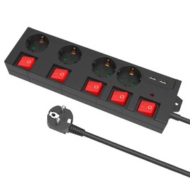 KS KS Mehrfachsteckdose mit Schaltbar, 4 Fach Steckdosenleiste mit 2 USB und 12000A 1berspannungsschutz und Blitzschutz Steckerleiste Einzelschaltern 3680W, 2m Kabell?nge, Schwarz