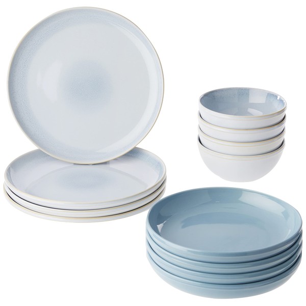 Corelle Stoneware 12-Pc Dinnerware Set, Handcrafted Artisanal Double Bead Plates and Bowls, Solid and Reactive Glazes, Dining Plate Set, Nordic Blue