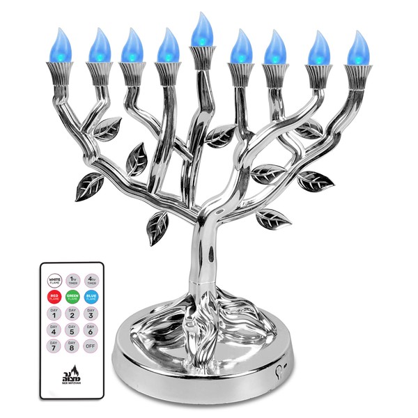 LED Electric Hanukkah Menorah - Color Changing LED Tree of Life Chanukah Menorah with Remote - Battery or USB Powered - Batteries and USB Cord Included - Silver