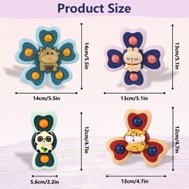 Pack of 4 Suction Cup Toy Baby Sensory Toy Fidget Spinner Baby Suitable for Bathroom, Window, High Chair, Airplane, Travel - Matching Birthday Gifts for Toddlers