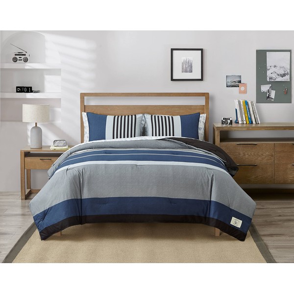 Nautica Comforter Set Cotton Reversible Bedding with Matching Shams, Home Decor for All Seasons, 3 pcs, Queen, Rendon Charcoal/Navy/White