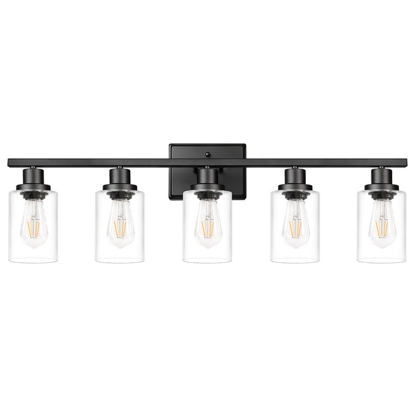 Ascher 5-Light 37.8" Wall Sconces, Modern Vanity Light Fixture with Clear Glass Shade, Black Finish Wall Light for Mirror Bedroom Hallway, E26 Base (Bulbs Not Included)