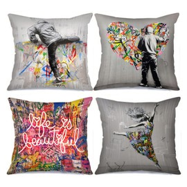 Banksy Graffiti Dancing Girl Picture Cushion Covers Classical Street Art Pillow Covers Decorative 18x18inch Set of 4 Pillow Covers Love Word Paintings Boy Throw Pillow Cases for Sofa Living Room