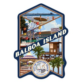 Die Cut Sticker Balboa Island, California, Newport Beach Montage, Contour Vinyl Sticker 3 to 6 inches, (Waterproof Decal for Cars, Water Bottles, Laptops, Coolers), Large