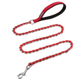 Dog Leash Chew Proof, Chain Leash Anti Chew Dog Leash for Large Dogs Heavy Duty, Indestructible Metal Leash Anti Bite Chain Link with Woven Cord Soft Padded Handle (Red, 4FT)